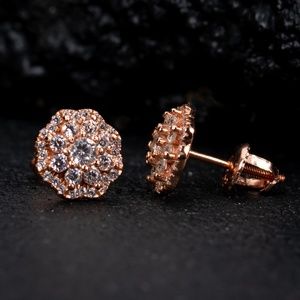 Rose Gold CZ Cluster Flower Mens 925 Sterling Silver Stud Screw Back Earrings